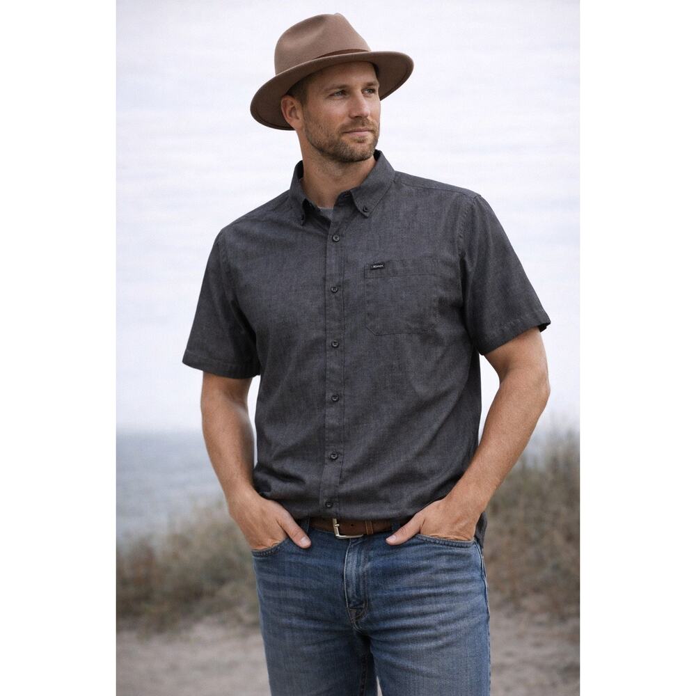 Brixton Mens Short Sleeve Button Down Shirt Gray Chambray Workwear Skater‎ XL